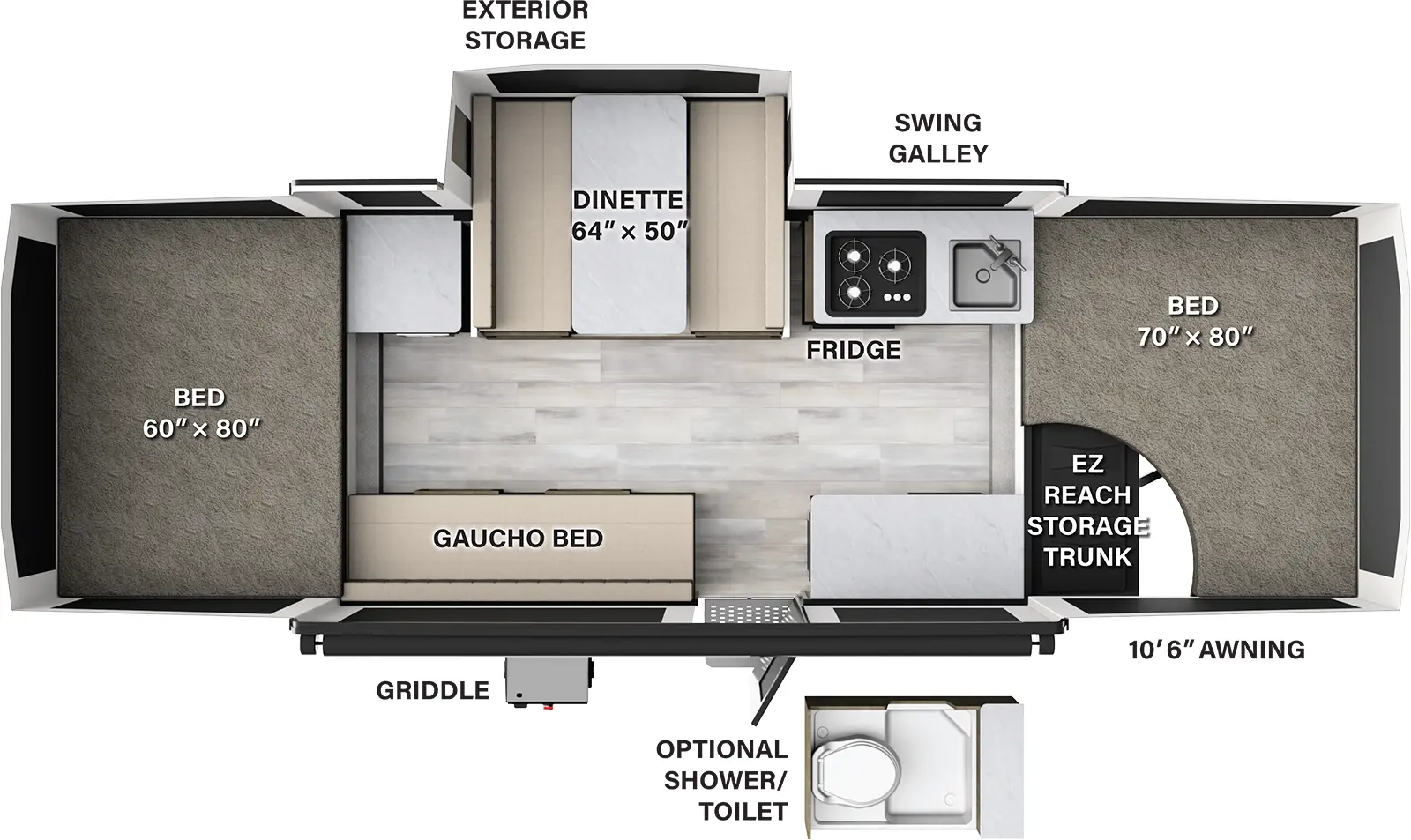 The 228SE has one slideout and one entry door. Exterior features a 10 foot 6 inch awning, griddle, exterior storage, and front EZ reach storage trunk. Interior layout front to back: front tent bed; off-door side swing galley with sink, refrigerator and cooktop, dinette slideout, and countertop; door side countertop, entry, and gaucho bed; rear tent bed. Optional shower/toilet available.
